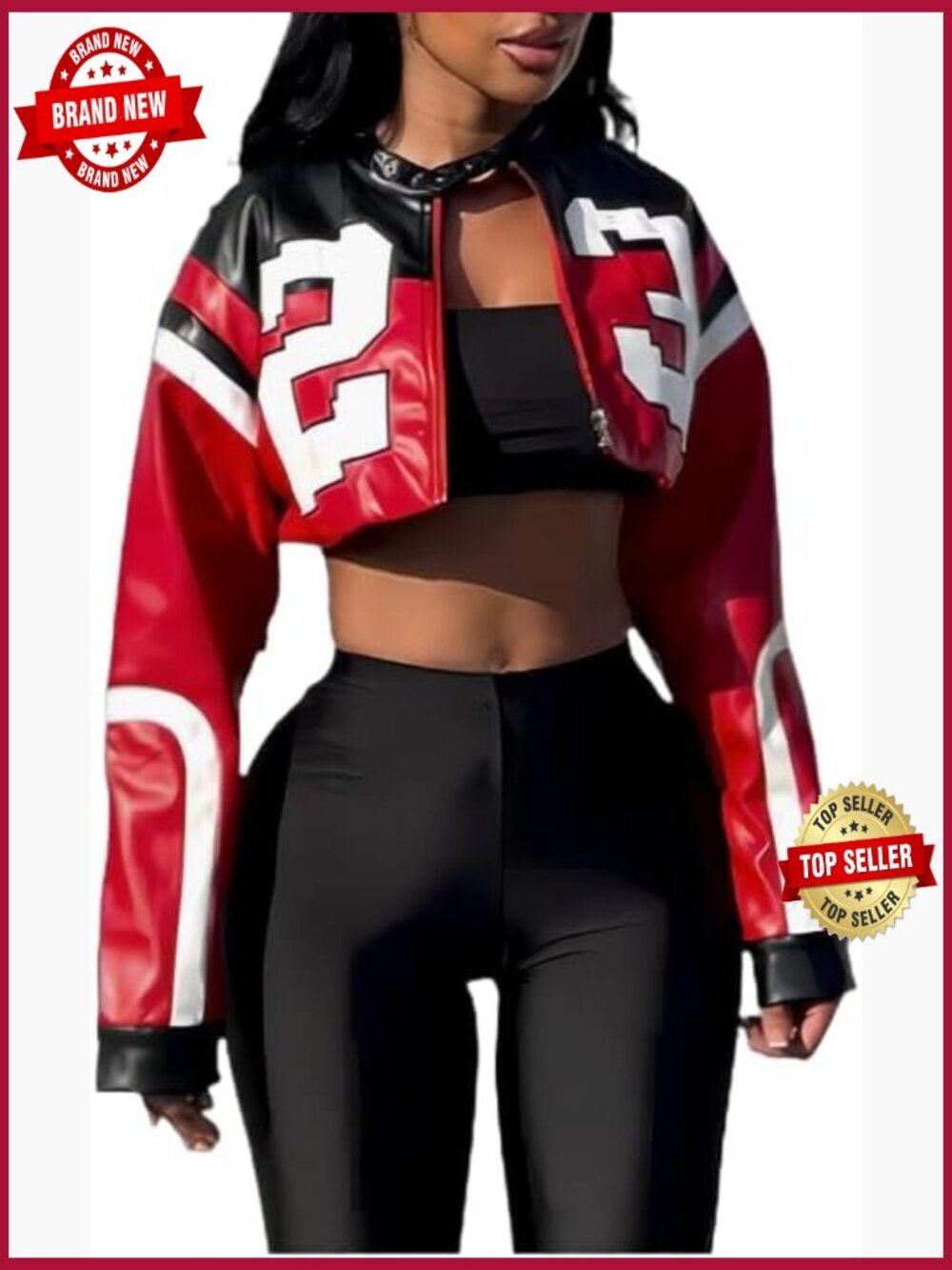 Cropped Faux Leather Motorcycle Bomber Jacket Y2K Streetwear Zip Up